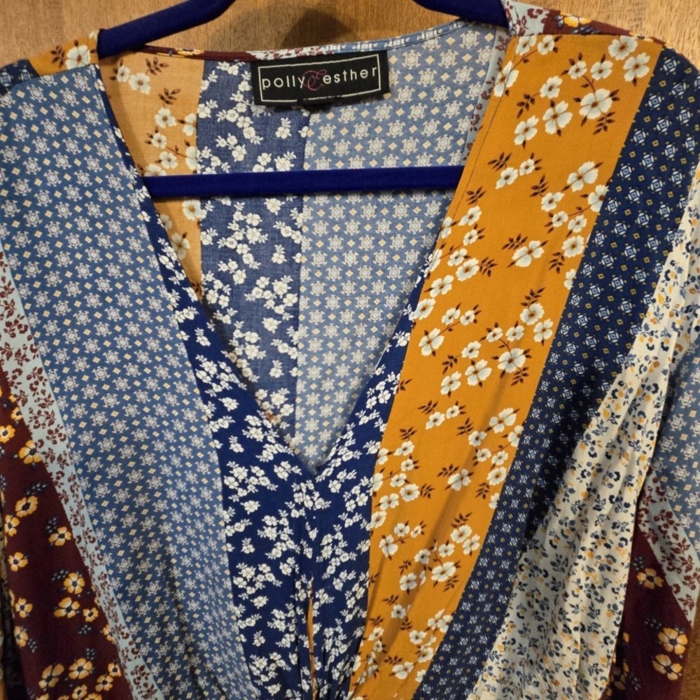 Polly & Esther Blue and Mustard Mixed Floral Tie-Front Blouse - Picture 3 of 10